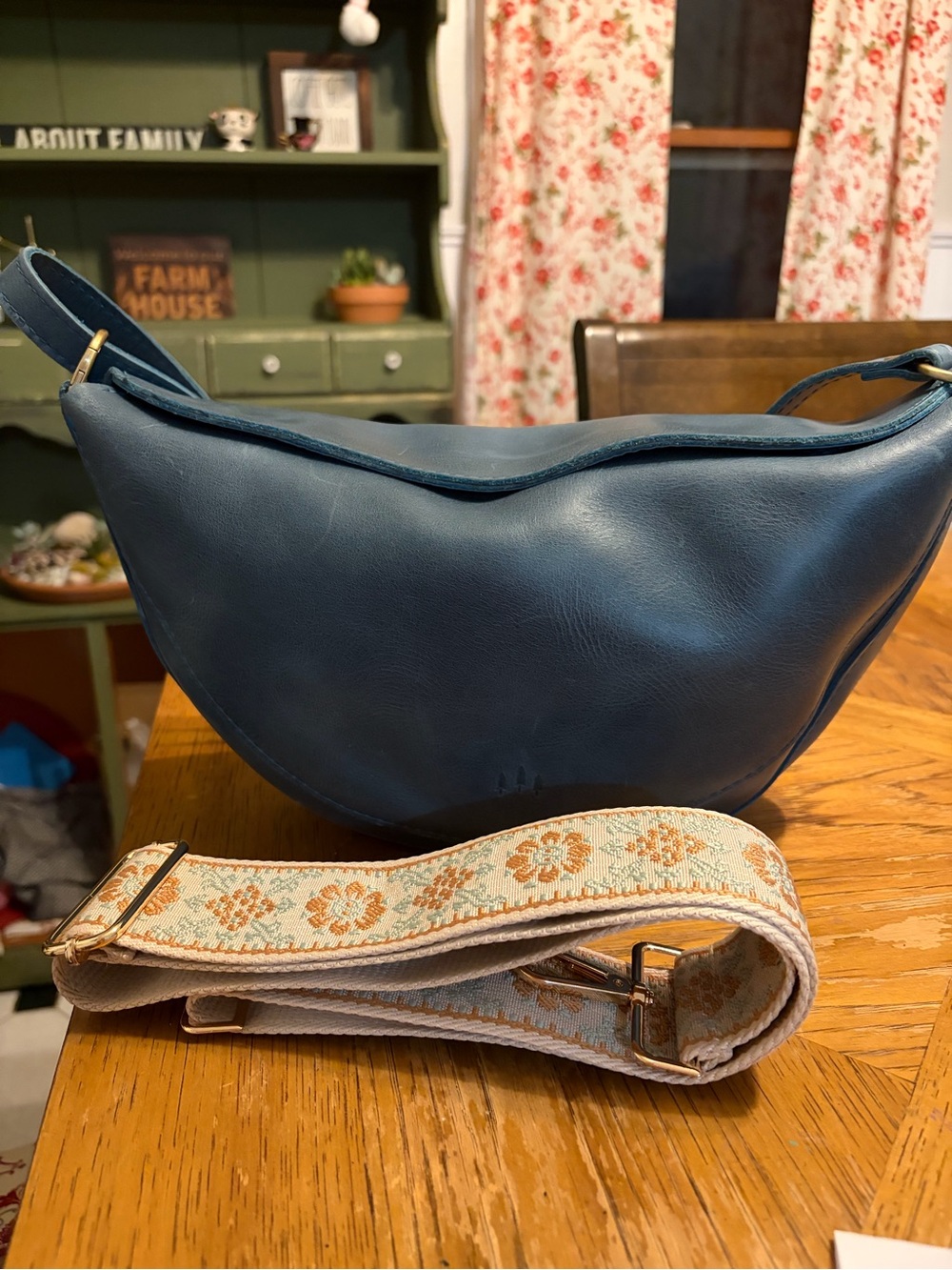 Blue Leather Crescent Shoulder Bag with Patterned Strap SZ Large